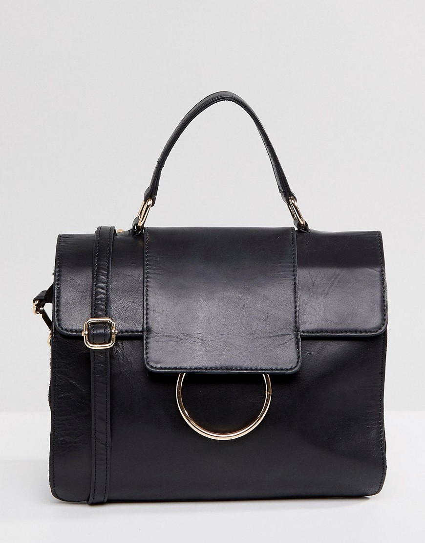 Urbancode Large Foldover Leather Messenger Bag with Ring Detail - Black