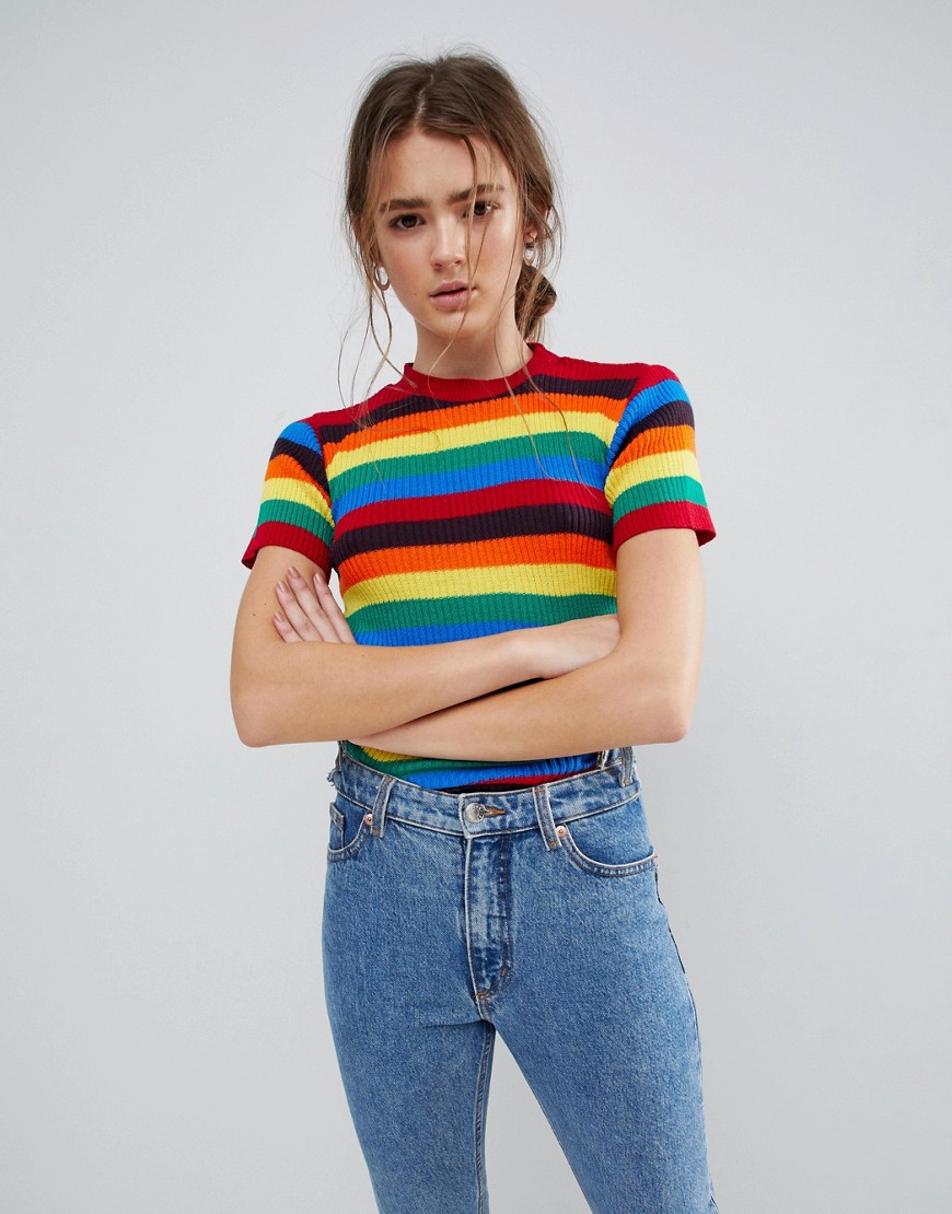 Daisy Street Short Sleeve Jumper In Rainbow Stripe - Multi