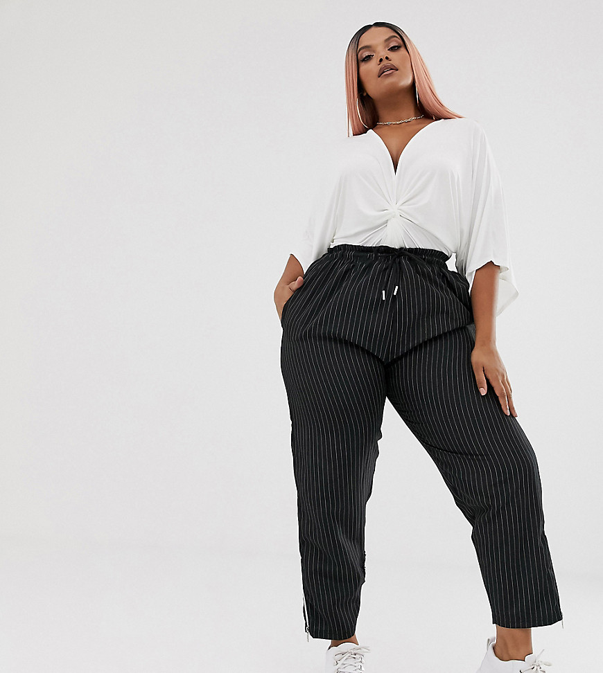 PrettyLittleThing Plus exclusive high waist peg trousers with contrast zip in black pinstripe
