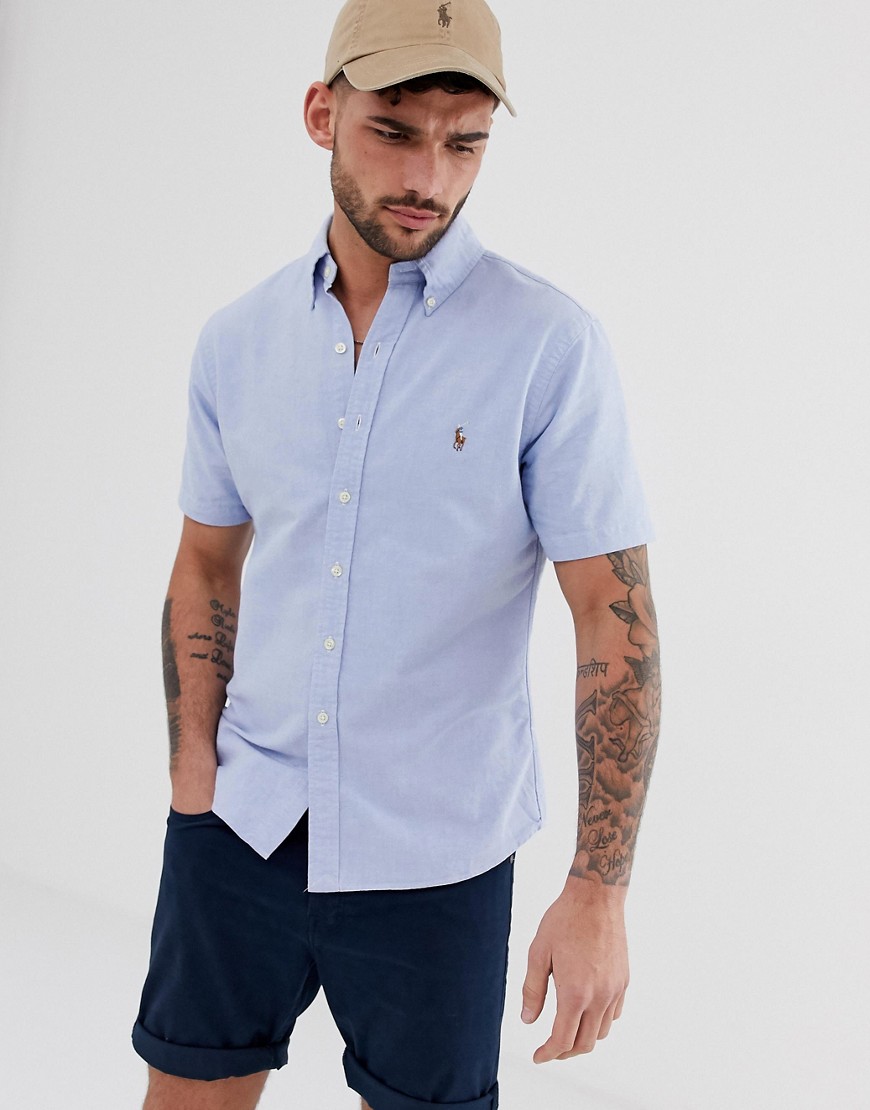Polo Ralph Lauren player logo short sleeve oxford button down shirt slim fit in blue