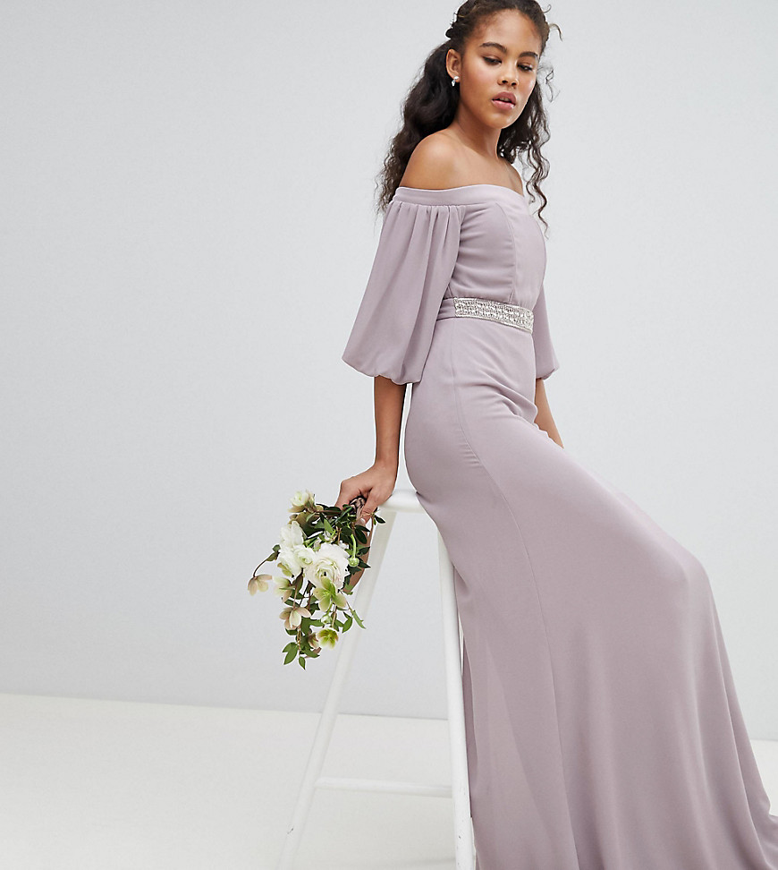 TFNC Tall Bardot Maxi Bridesmaid Dress with Sleeve Drama and Embellished Waist