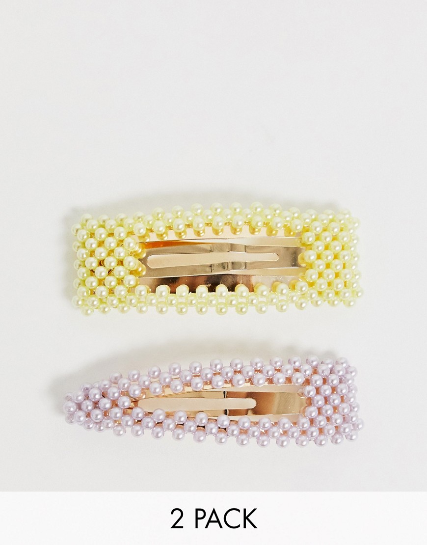 Stradivarius set of 2 hair-clips with pearls in yellow & lilac