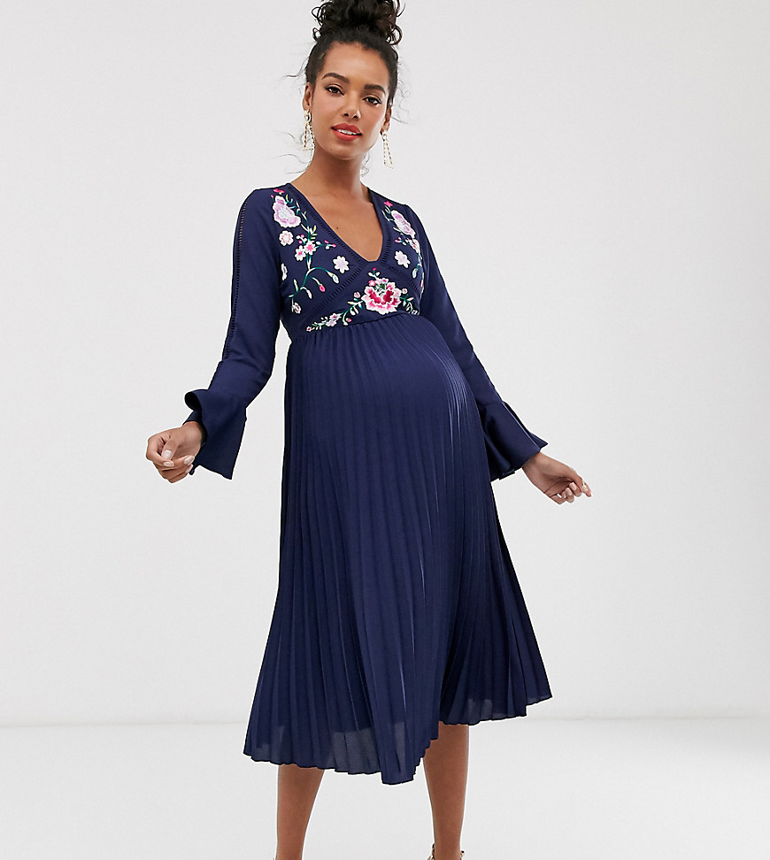 ASOS DESIGN Maternity embroidered pleated midi dress with lace inserts