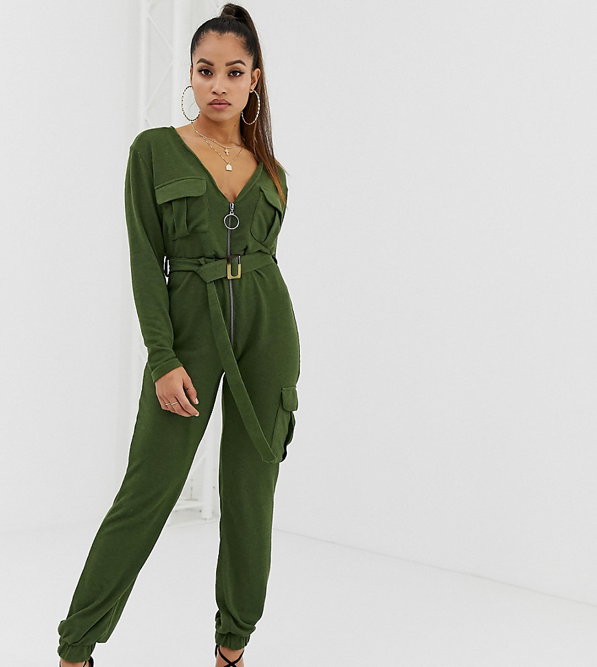 Boohoo Petite knitted zip through utility jumpsuit with belt in khaki