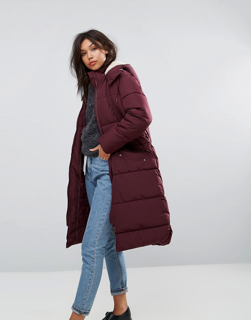 Parka London Long Padded Coat With faux Shearling Hood - Burgundy