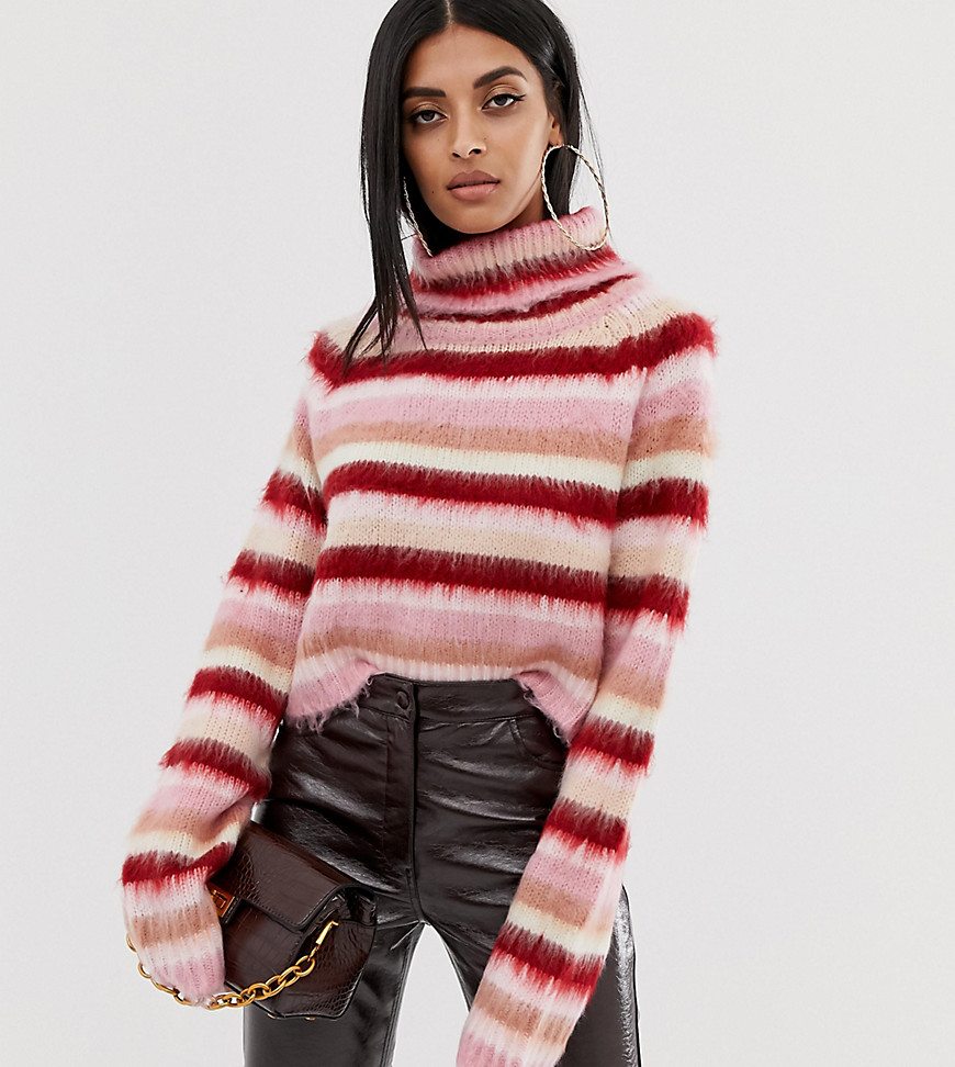 PrettyLittleThing fluffy jumper with roll neck in pink stripe