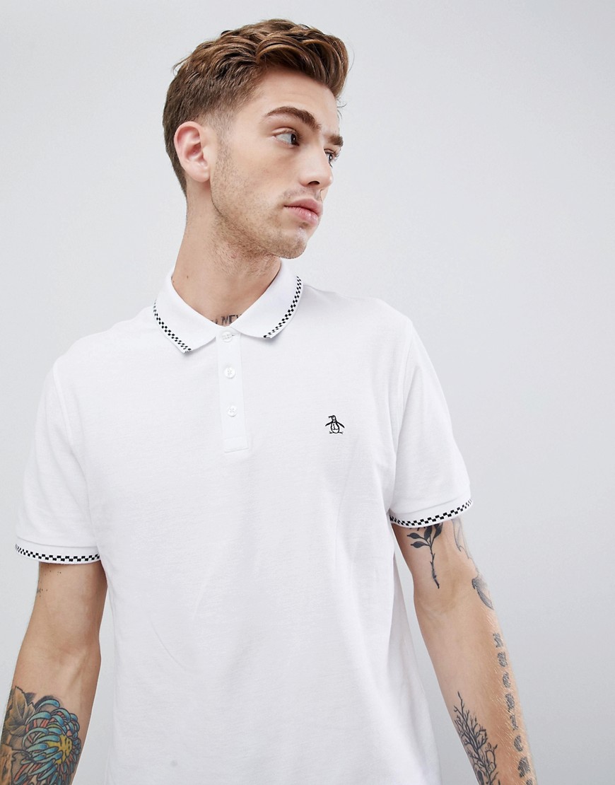 Original Penguin check tipping polo slim fit embroidred logo in white