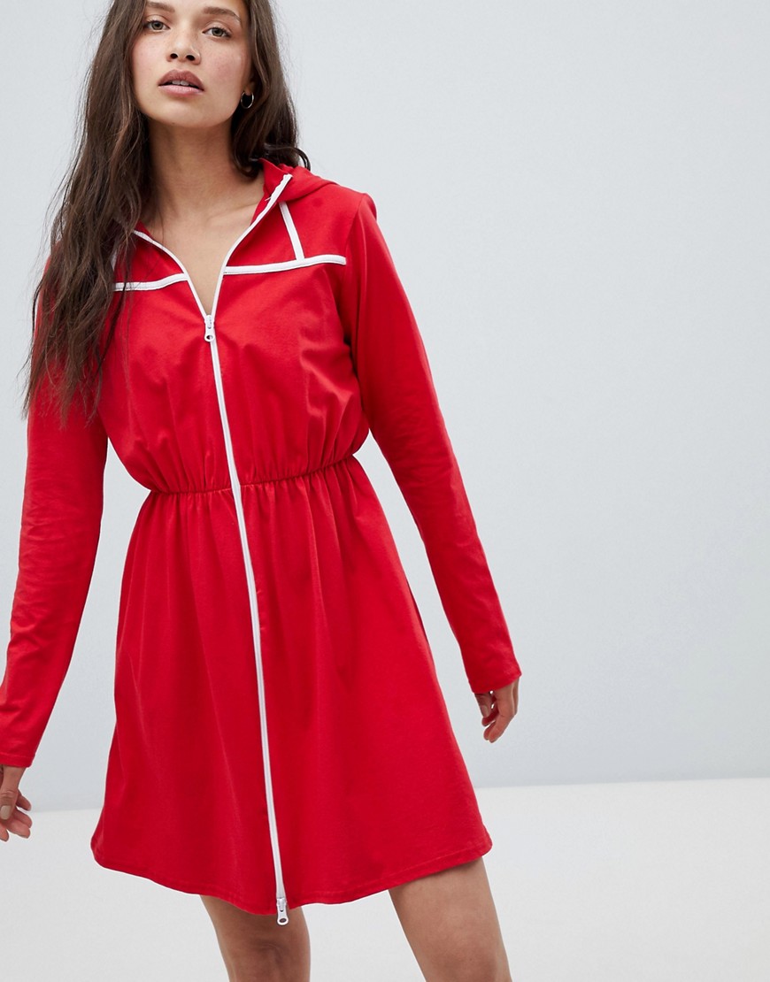 Heartbreak Hooded Sweatshirt Dress with Contrast Piping - Red