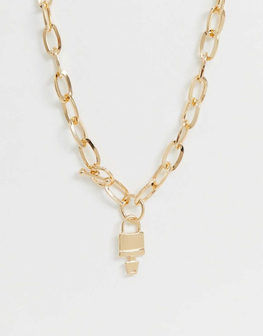 ASOS DESIGN necklace in hardware chain with padlock and toggle in gold tone