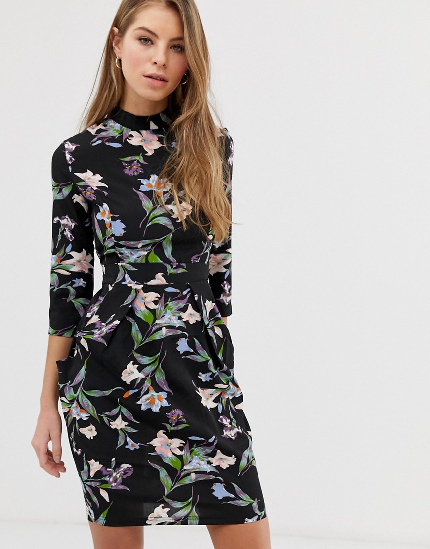 QED London high neck tulip dress in floral print