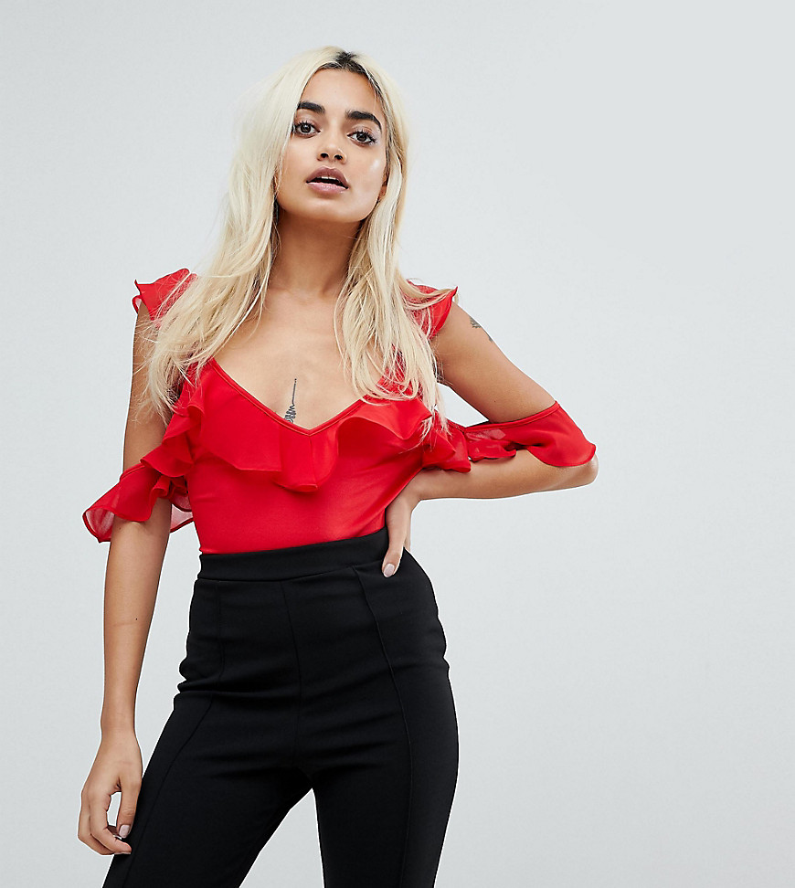 NaaNaa Petite Frill Cold Shoulder Bodysuit - Red