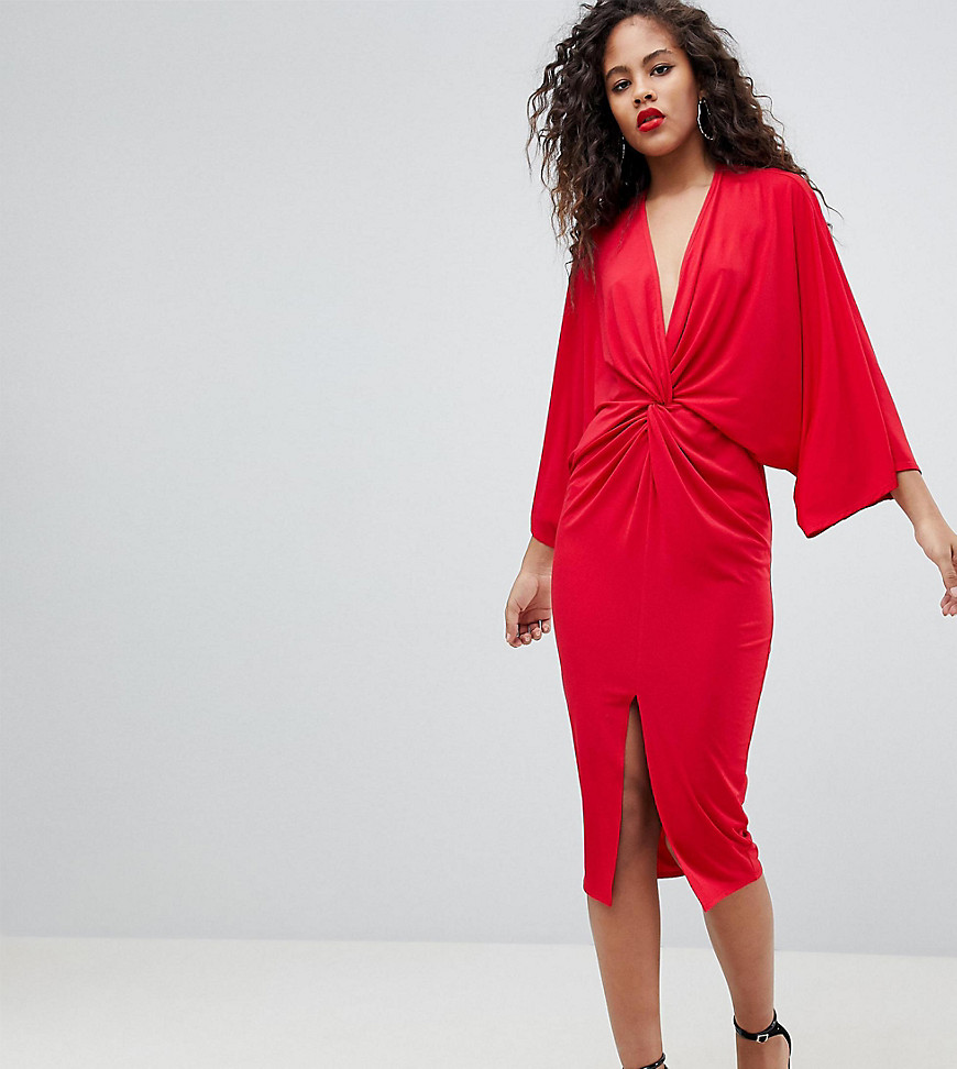 Flounce London Tall Wrap Front Kimono Midi Dress - Red
