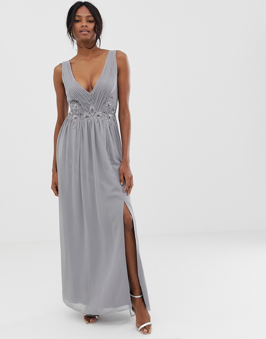 Little Mistress pleated maxi dress with lace detail