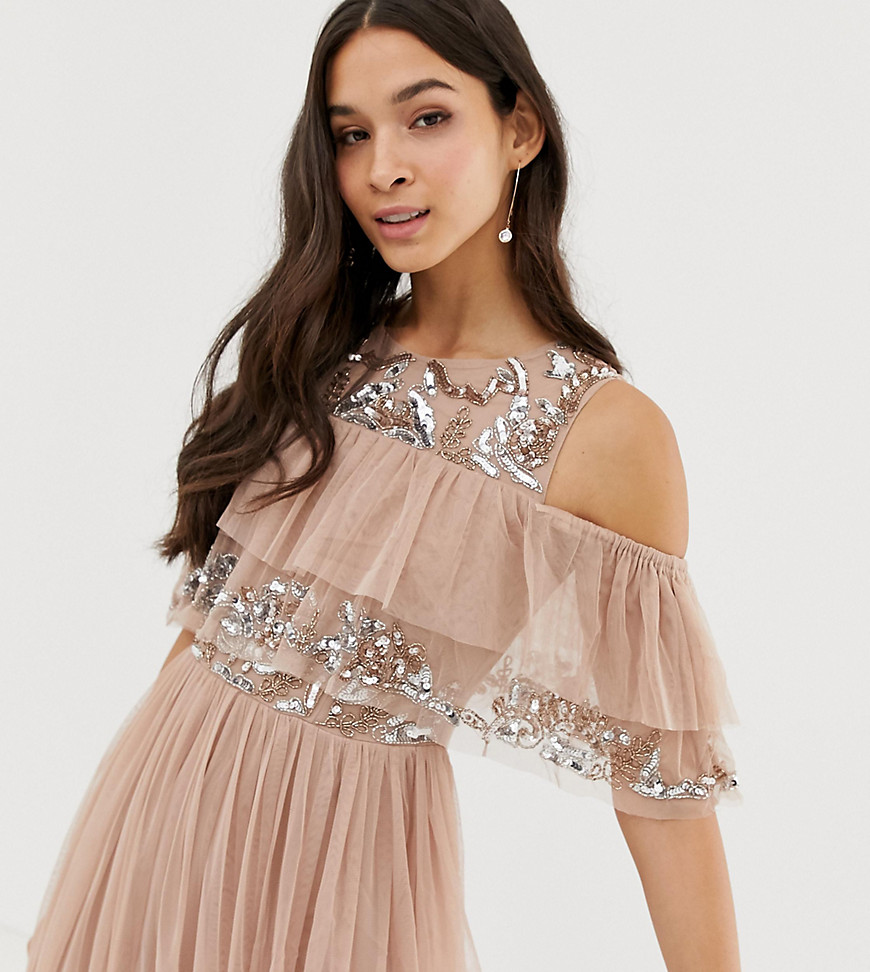 Maya cold shoulder ruffle and sequin detail tulle maxi dress in taupe blush