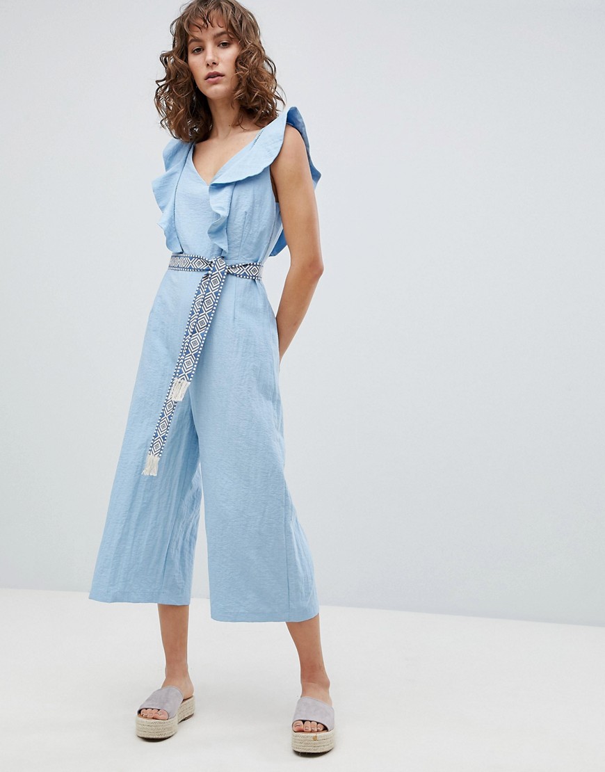 Suncoo Wide Leg Jumpsuit with Tapestry Tie - Bleu jeans