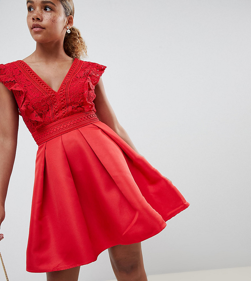 Little Mistress Petite frilly lace mini skater prom dress in pomegranate