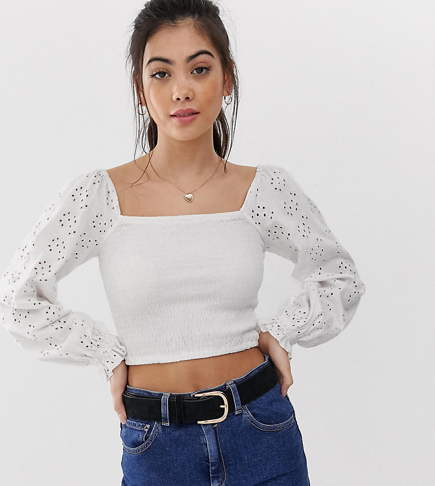 ASOS DESIGN Petite shirred top with square neck and broderie sleeve