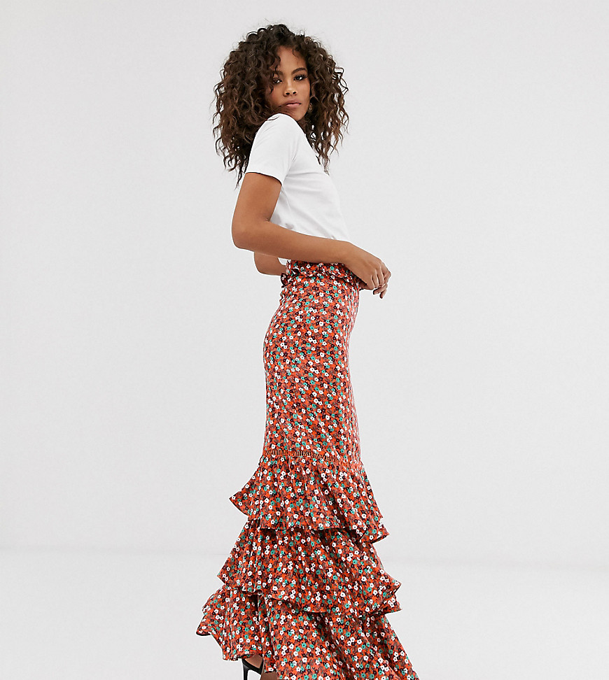 Glamorous Tall midi skirt with ruffle layers in ditsy floral