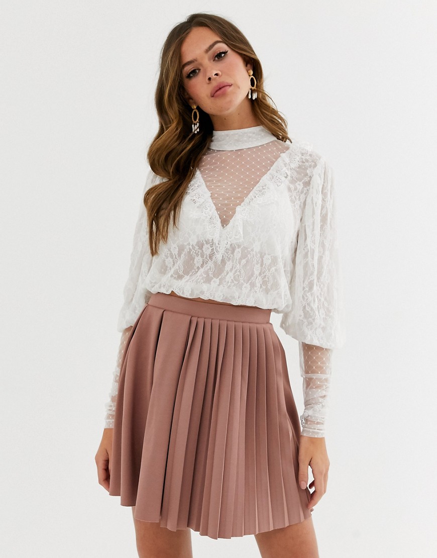 ASOS DESIGN top in mixed lace with ruffle and puff sleeve
