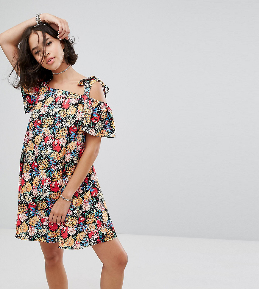 Reclaimed Vintage Inspired Cold Shoulder Mini Dress With Tie Straps In Floral - Multi