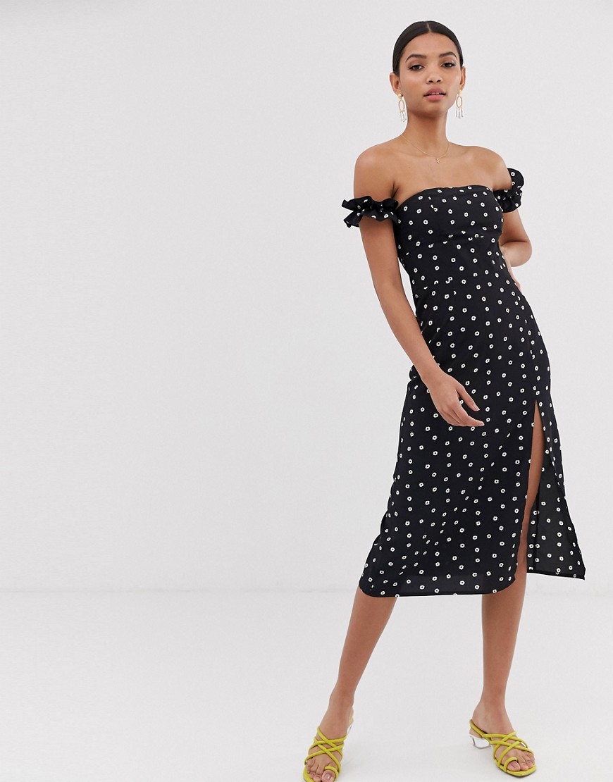 Fashion Union bardot midi dress with split in daisy print