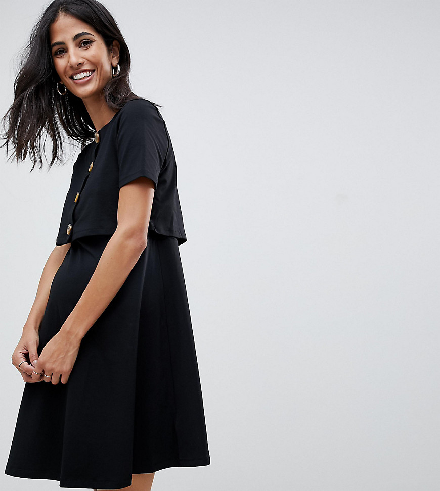ASOS DESIGN Maternity nursing double layer smock dress with faux tortoiseshell buttons - Black