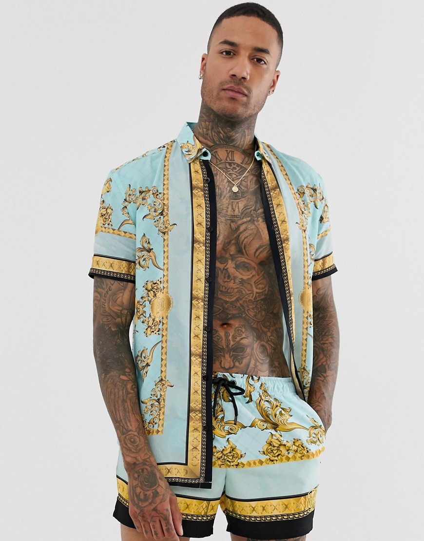 SikSilk co-ord short sleeve shirt in blue and gold print