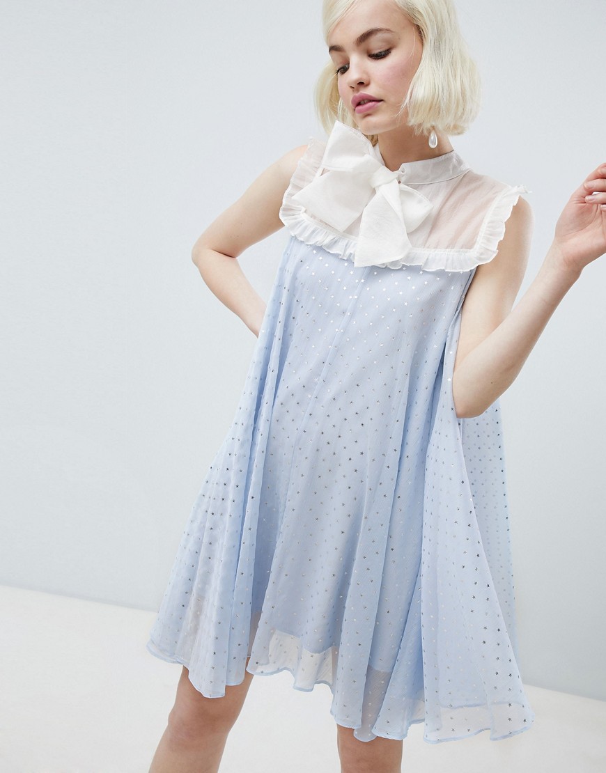 Sister Jane smock dress with pussybow in sparkle fabric - Light blue