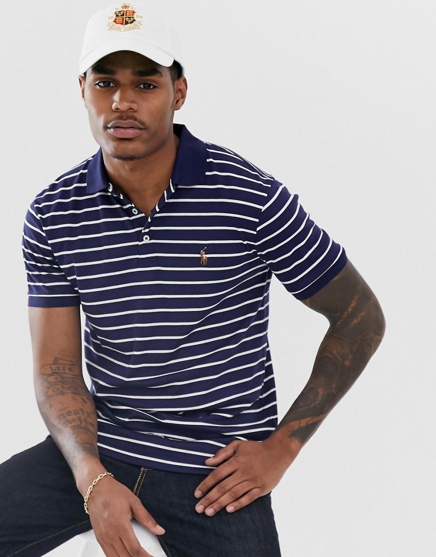 Polo Ralph Lauren multi player logo stripe pima cotton polo slim fit in navy/white