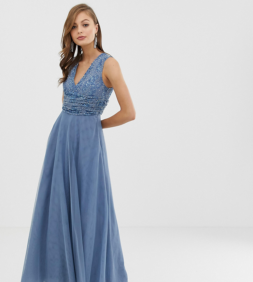 ASOS DESIGN Bridesmaid maxi dress with pearl and sequin embellished drape bodice