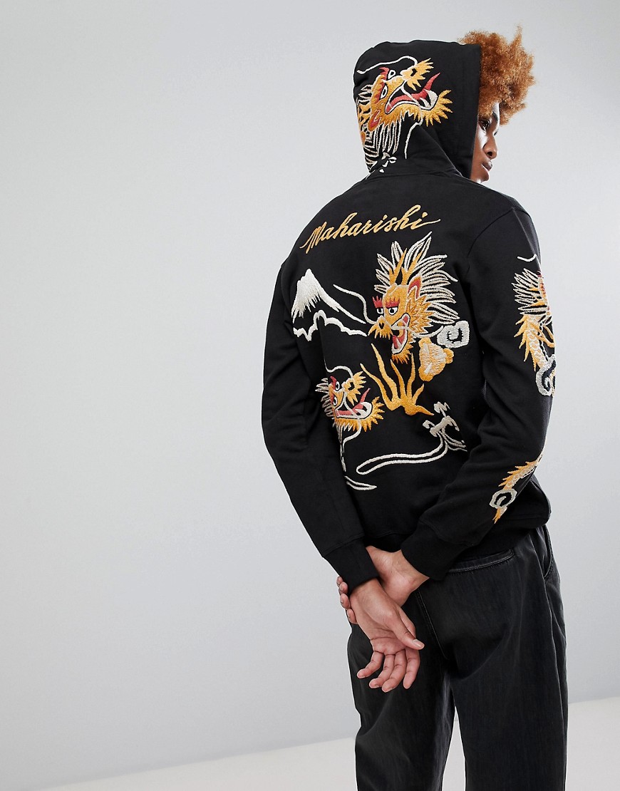 Maharishi Signature Embroidered Dragon Zip Through Hoodie - Black