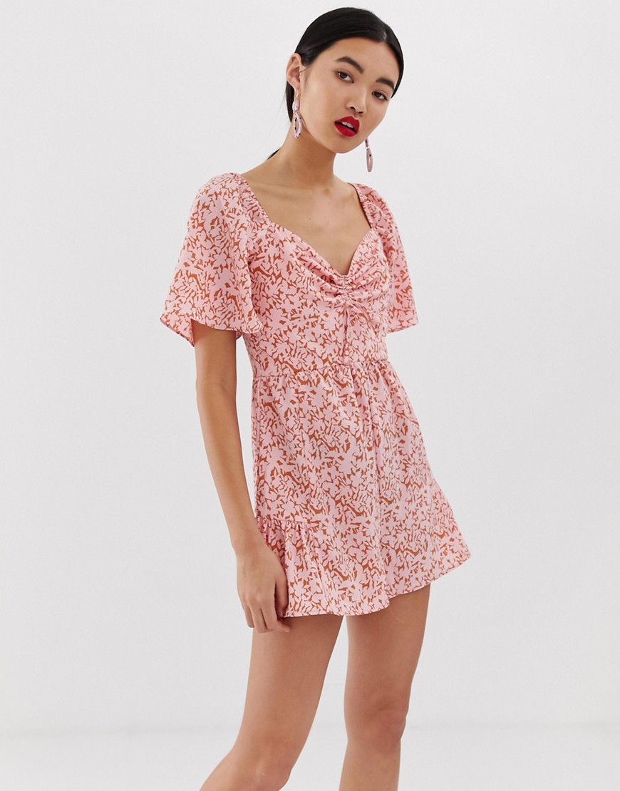 Lost Ink bardot playsuit with ruffle legs in ditsy