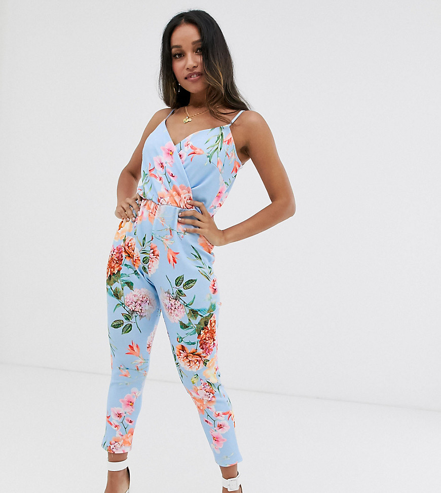 Boohoo Petite exclusive cami strap jumpsuit in blue floral