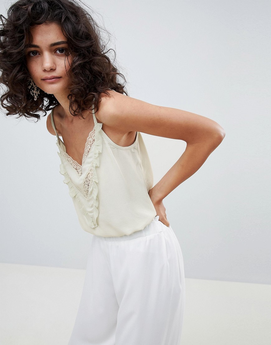 Mango lace and ruffle cami top in pale green - Green