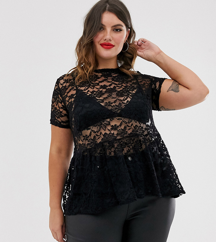 New look Curve floral lace peplum top in black