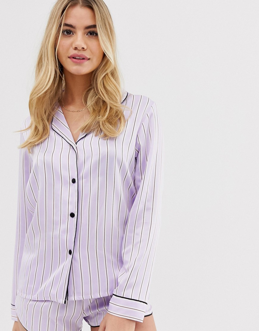 Hunkemoller Amour satin stripe pyjama top in lilac
