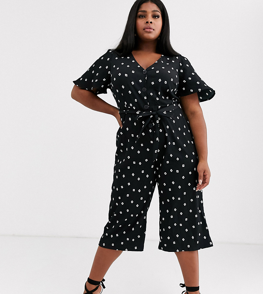 Simply Be wrap front jumpsuit in black spot