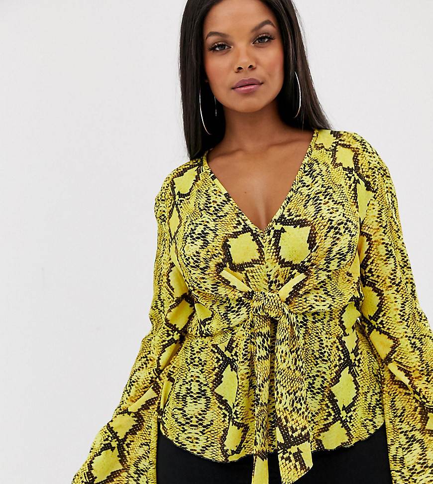 PrettyLittleThing Plus exclusive blouse with tie waist in yellow snake