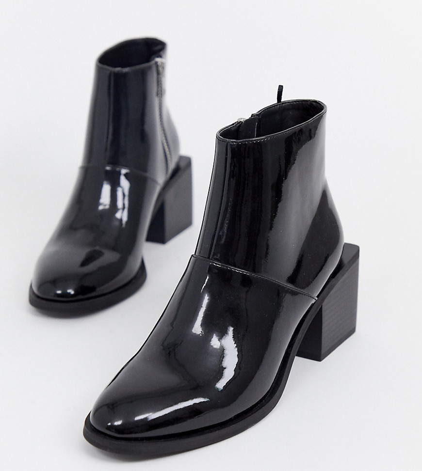 Monki patent ankle boots with square heels in black