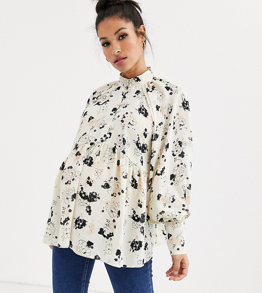 ASOS DESIGN Maternity long sleeve button front sheer top in ditsy floral print