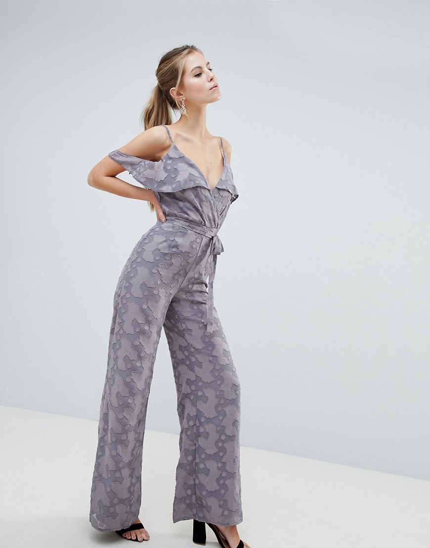 Oh My Love Cold Shoulder Lace Jumpsuit With Frill Detail