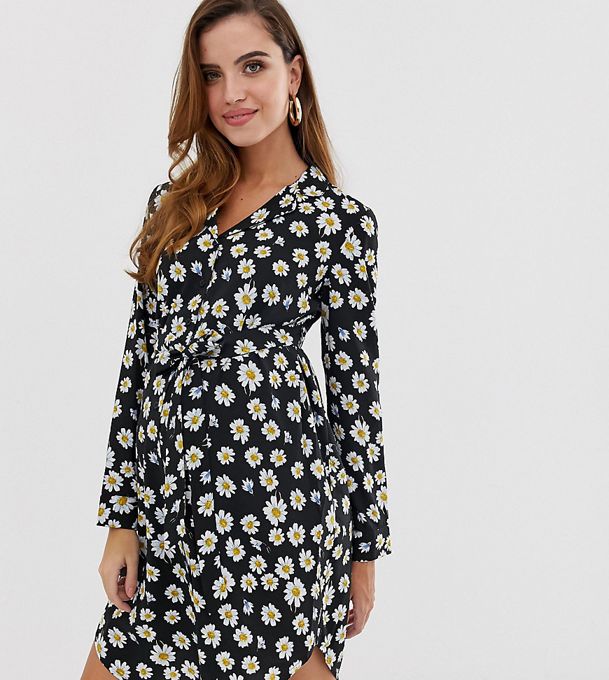 Influence Maternity shirt dress in daisy print with tie waist