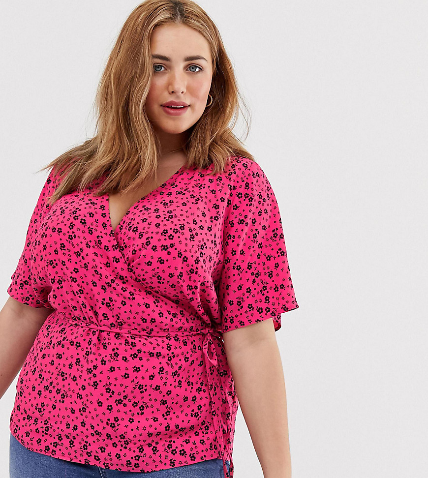 New Look Curve floral wrap top in pink pattern