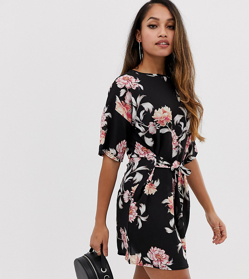 Missguided Petite tie front mini dress in black floral