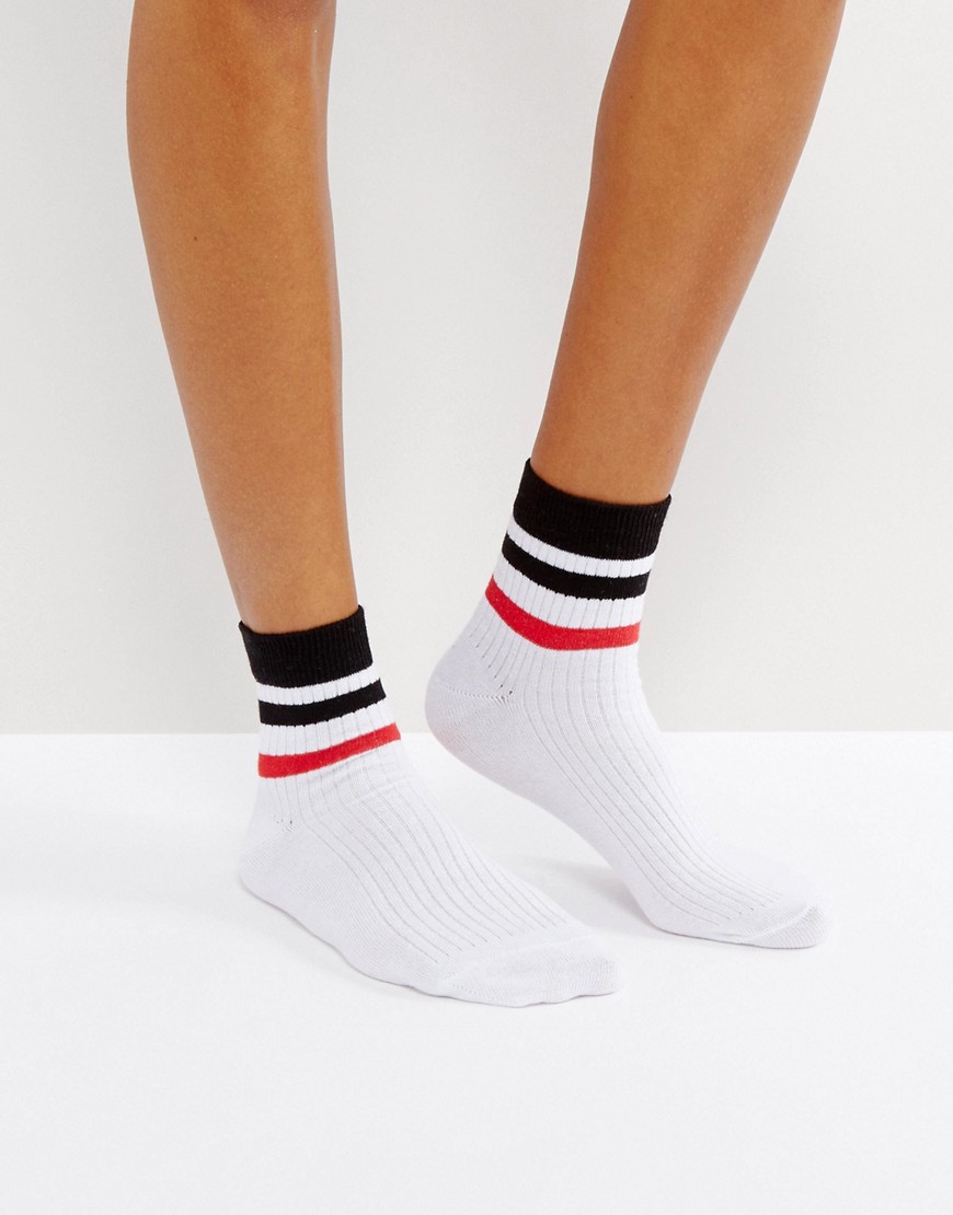 ASOS DESIGN stripe ribbed ankle socks in white with multi stripe