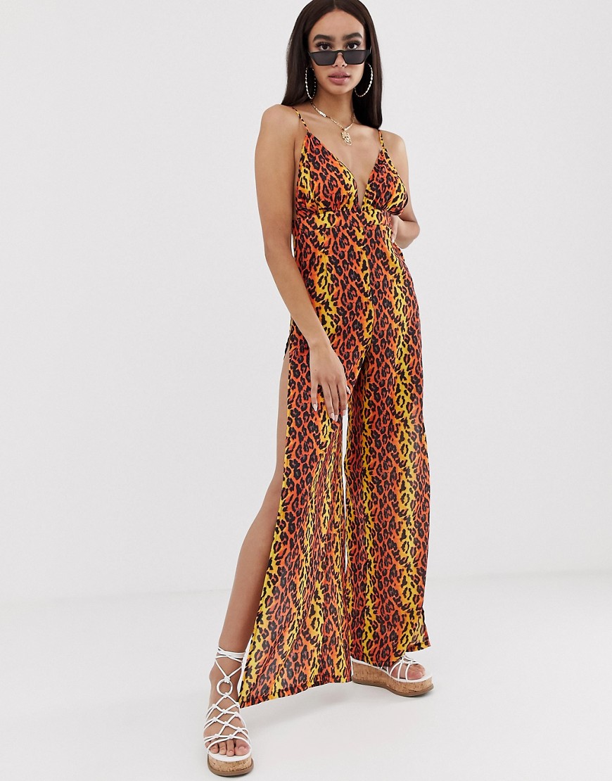 PrettyLittleThing cami jumpsuit with leg splits in leopard print