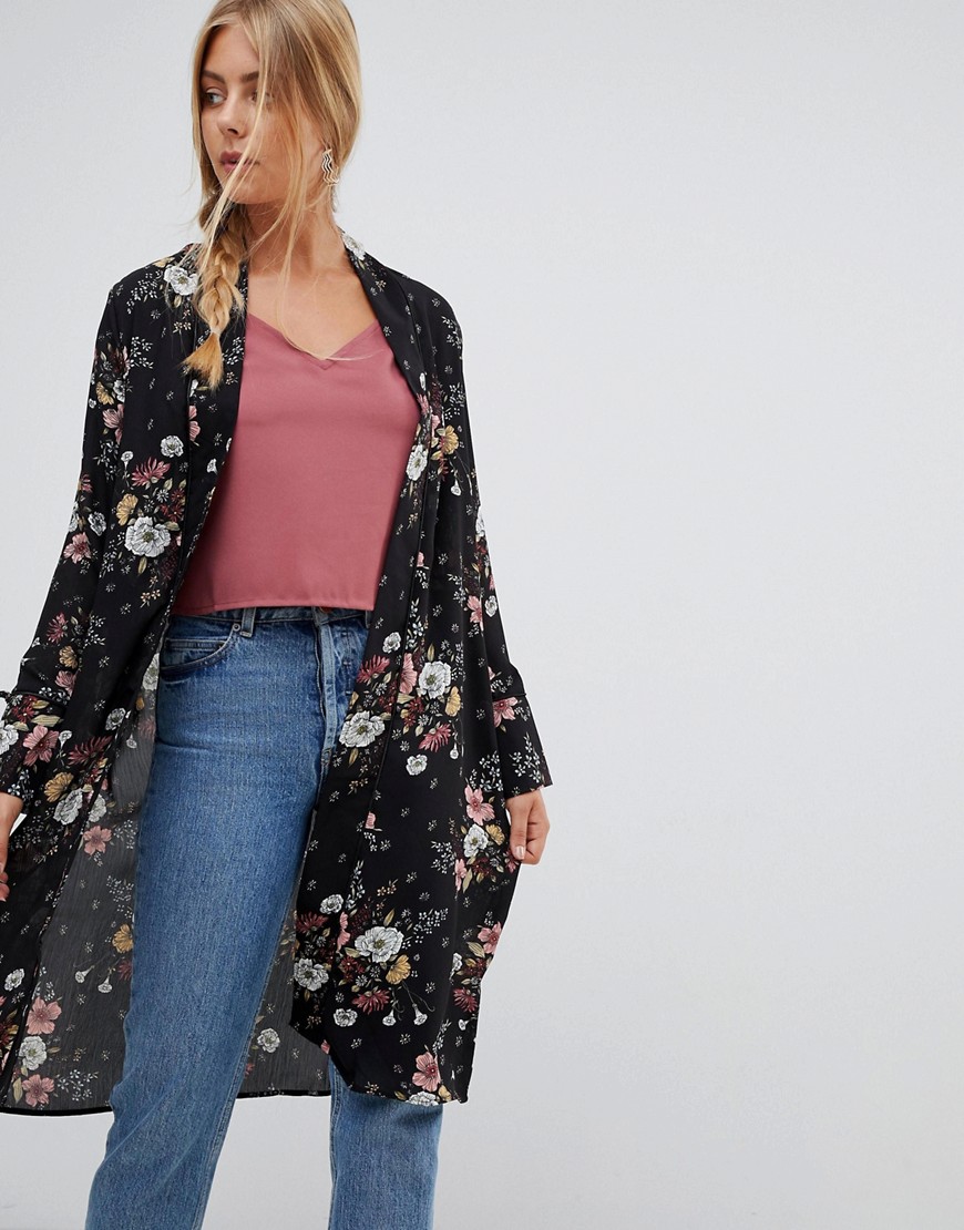 QED London satin floral kimono with piping