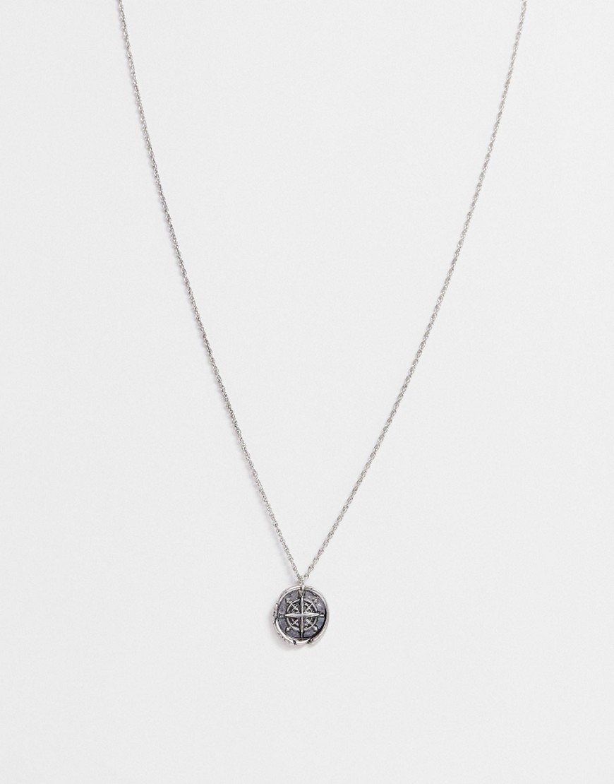 Asos Design Necklace With Compass In Burnished Silver Tone