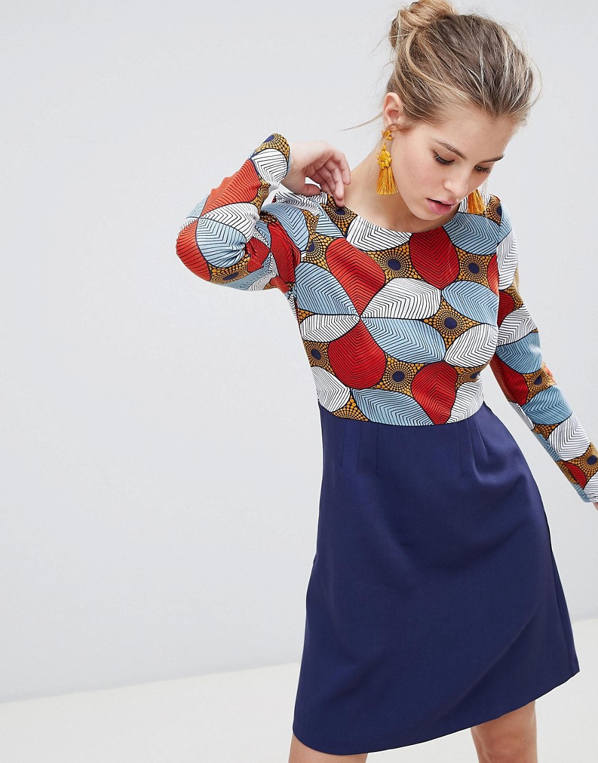 Traffic People Long Sleeve 2-in-1 Skater Dress With Printed Top - Blue/rust