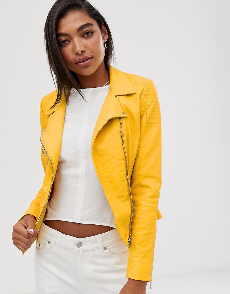 Only yellow faux leather jacket